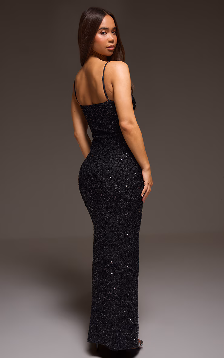 Black Sequin Wrap Detail Strappy Maxi Dress