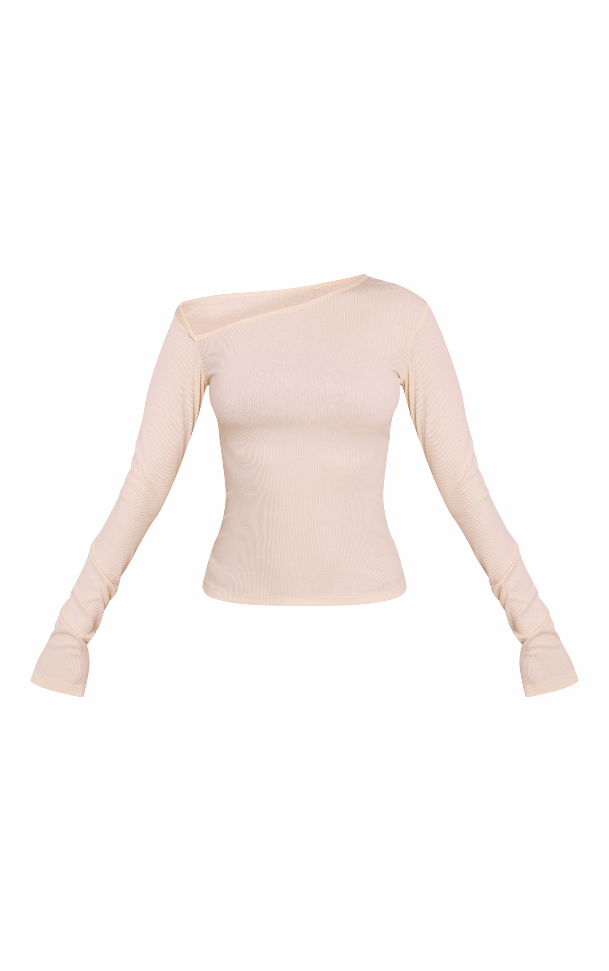 Cream Soft Rib Asymmetric Detail Fitted Longline Top