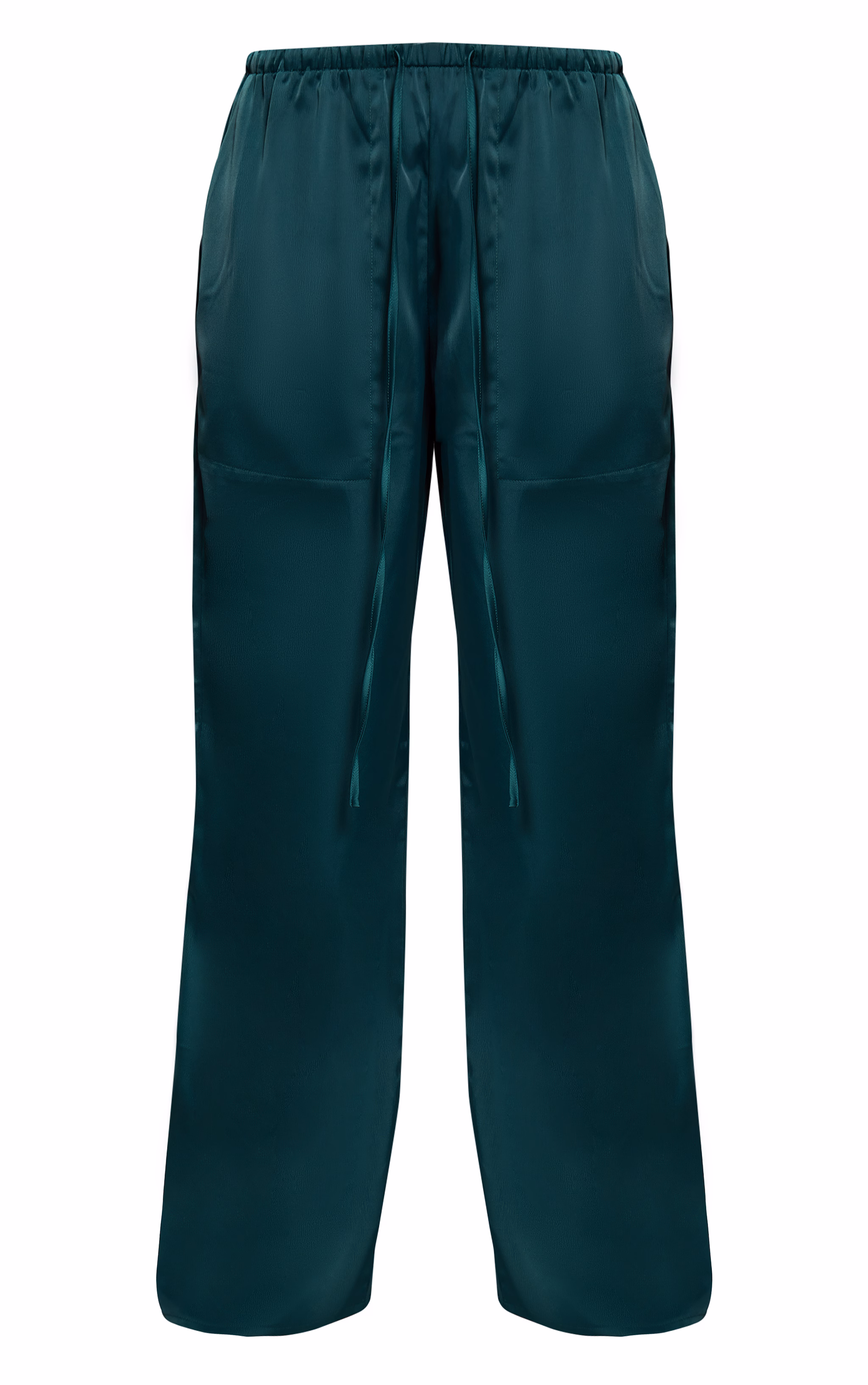 Emerald Green Satin Low Rise Wide Leg Drawstring Pants