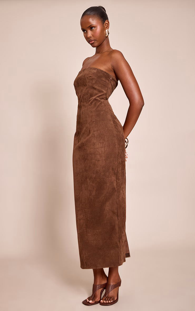 Chocolate Faux Suede Bandeau Bodycon Midaxi Dress