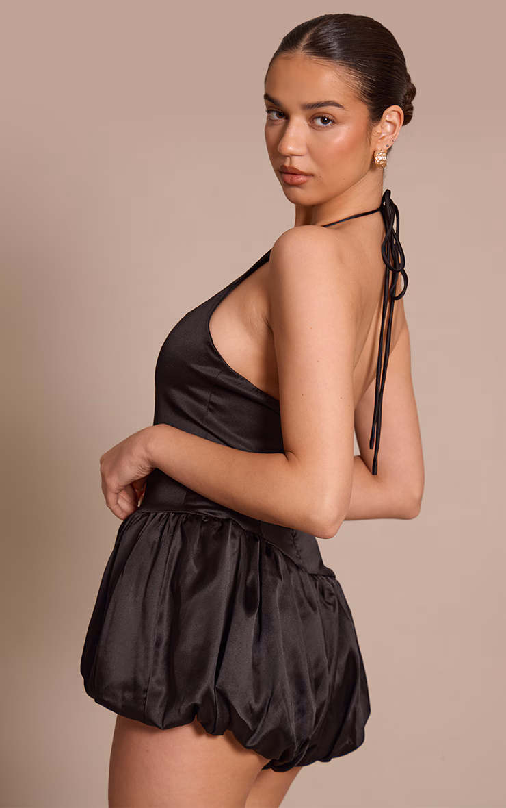 Black Satin Halterneck Puff Ball Romper