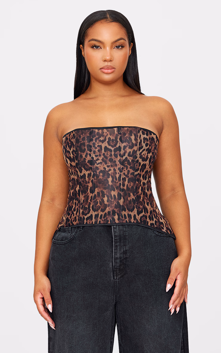 Leopard Print Mesh Lace Up Detail Bandeau Corset