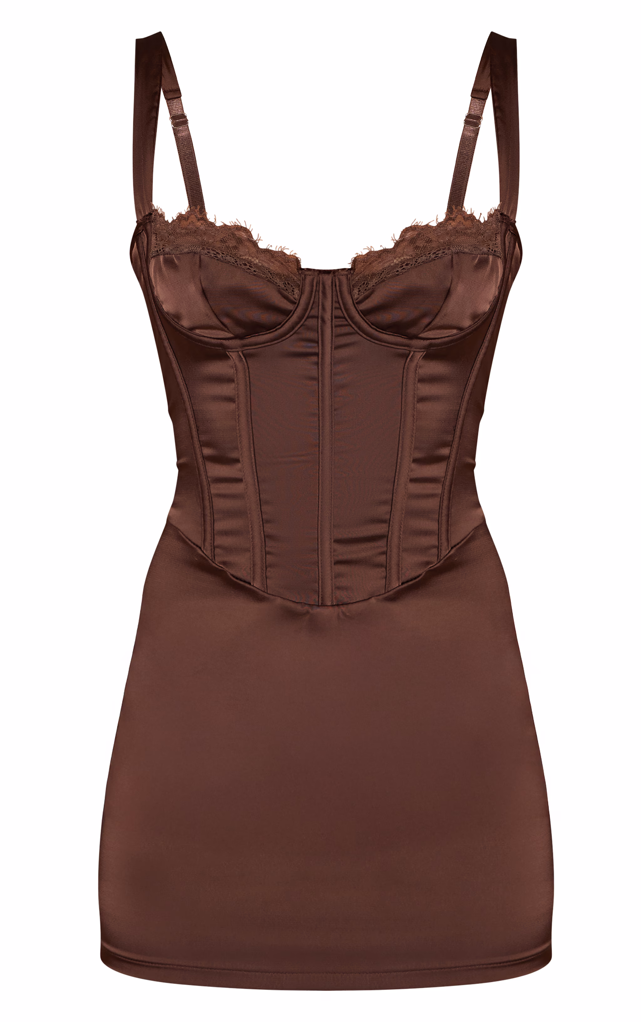 Chocolate Satin Lace Cup Detail Mini Dress