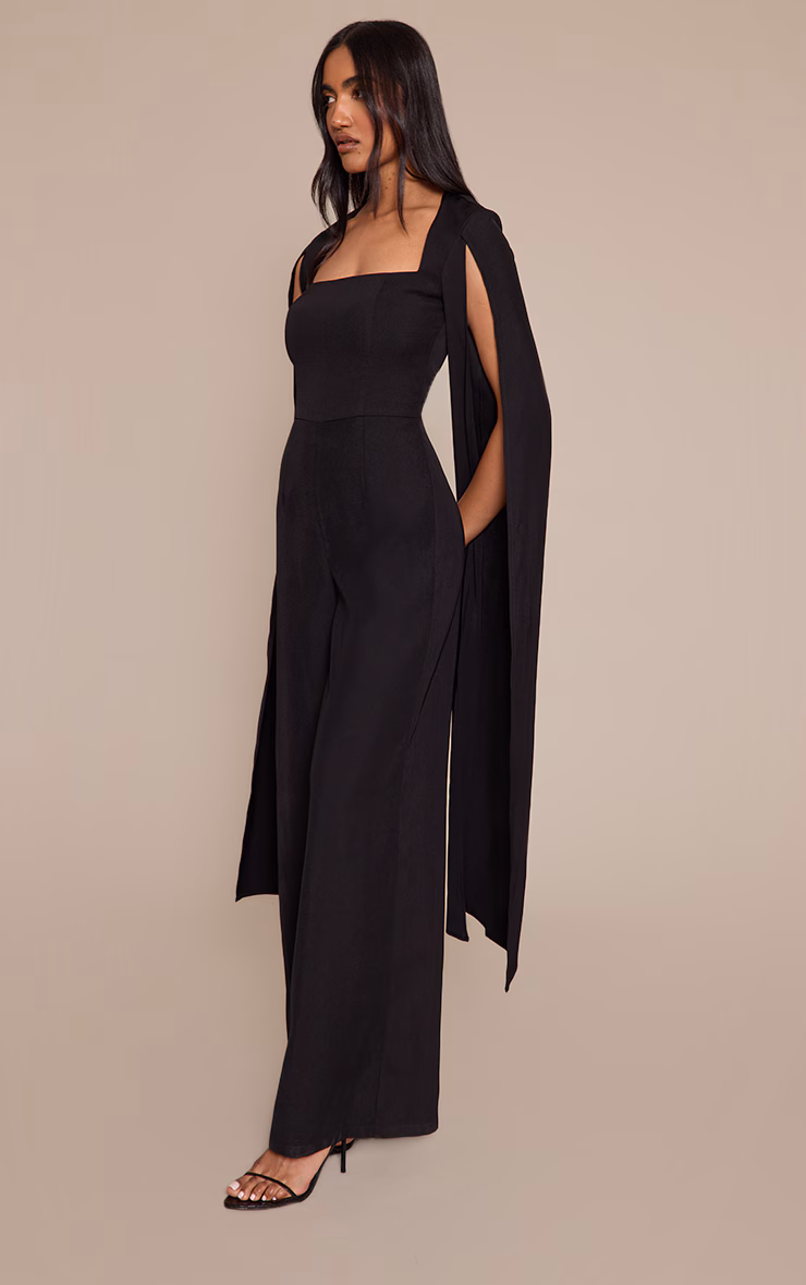 Black Woven Cape Sleeve Wide Leg Jumpsuit