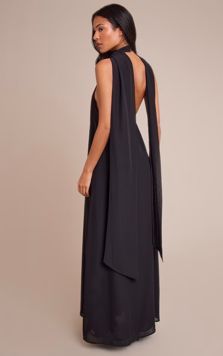 Tall Black Chiffon High Neck Scarf Detail Maxi Dress