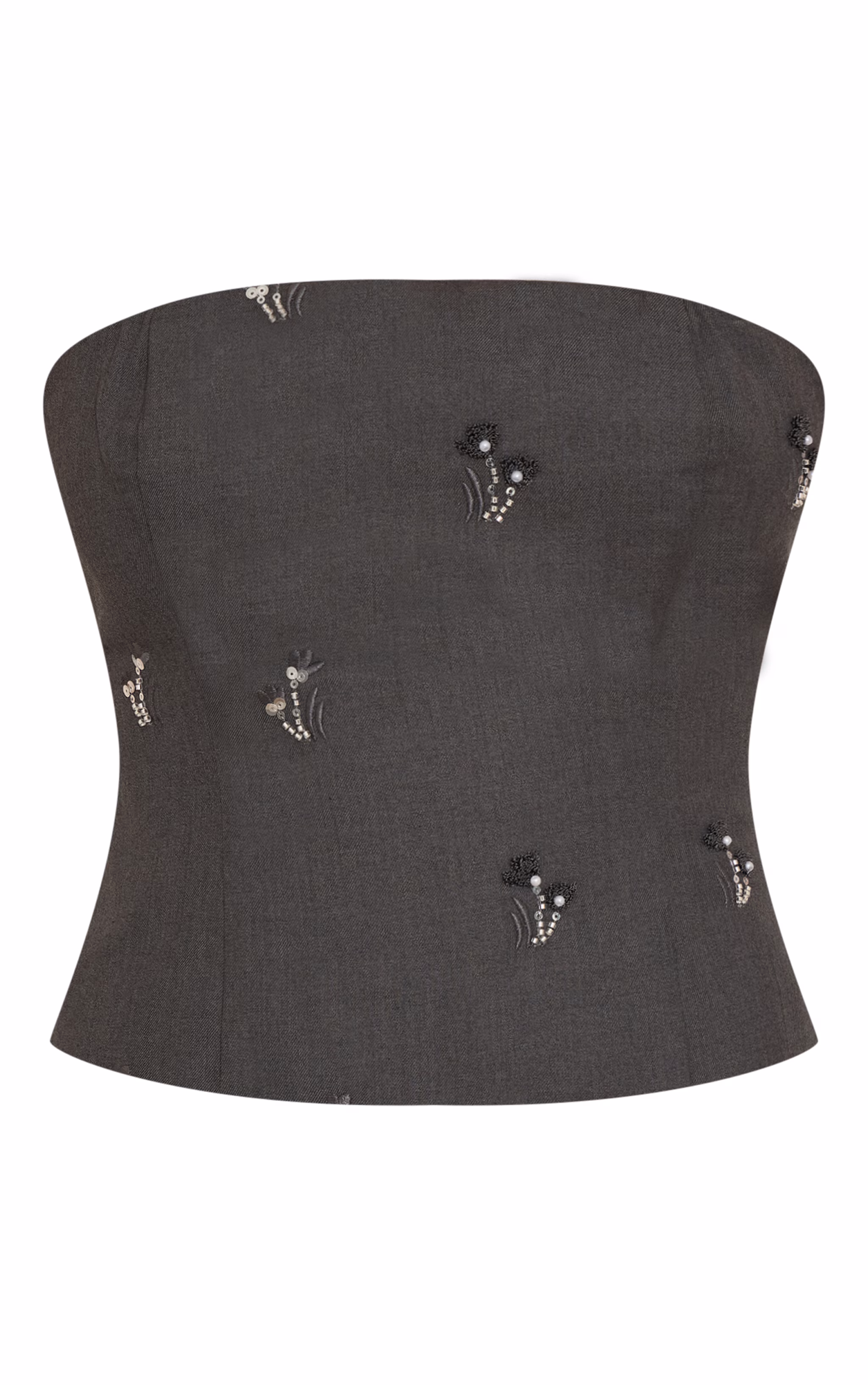 Charcoal Grey Woven Embroidered Sequin Detail Corset Top