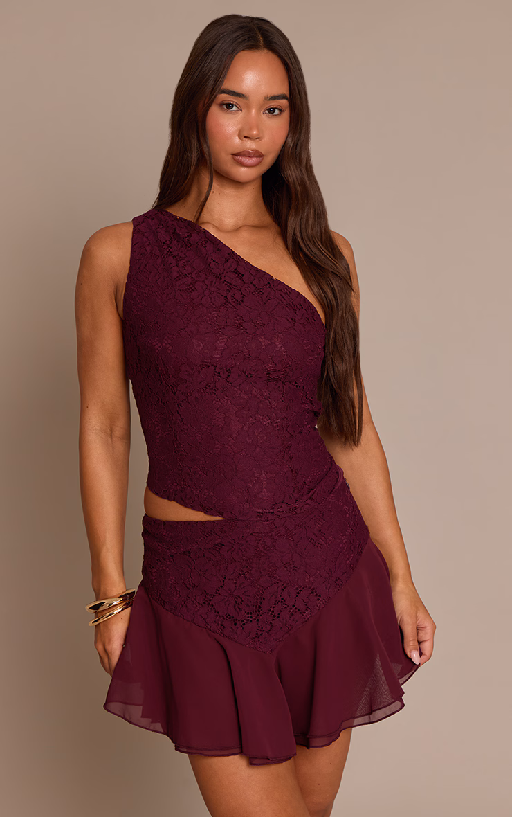 Dark Wine Lace Frill Mini Skirt