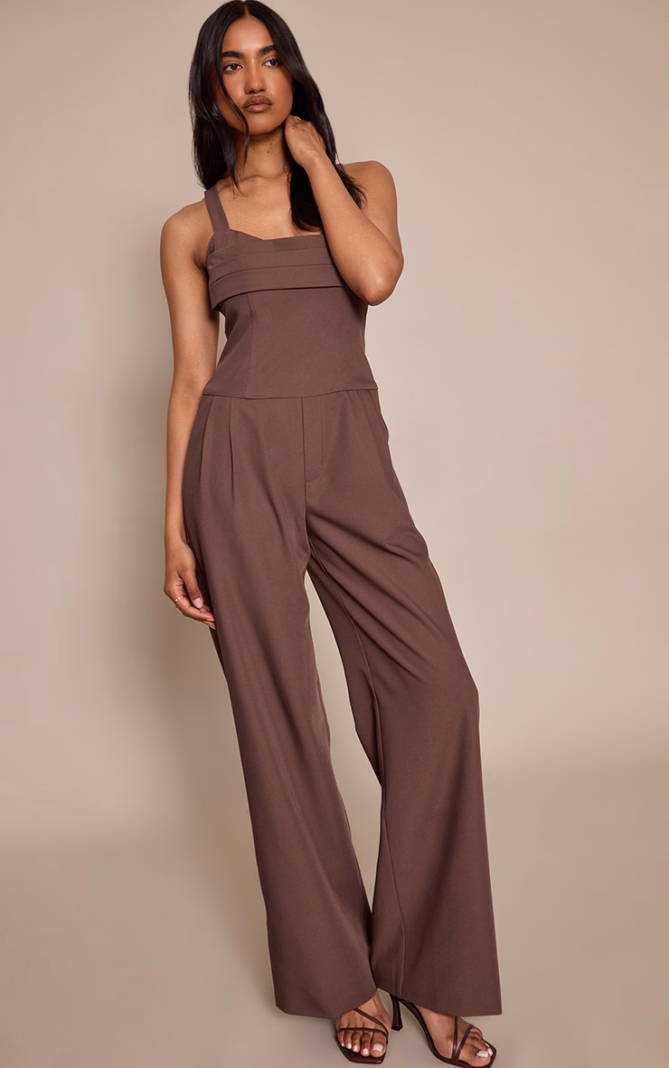 Chocolate Tailored Panel Detail Wide Leg Jumpsuit