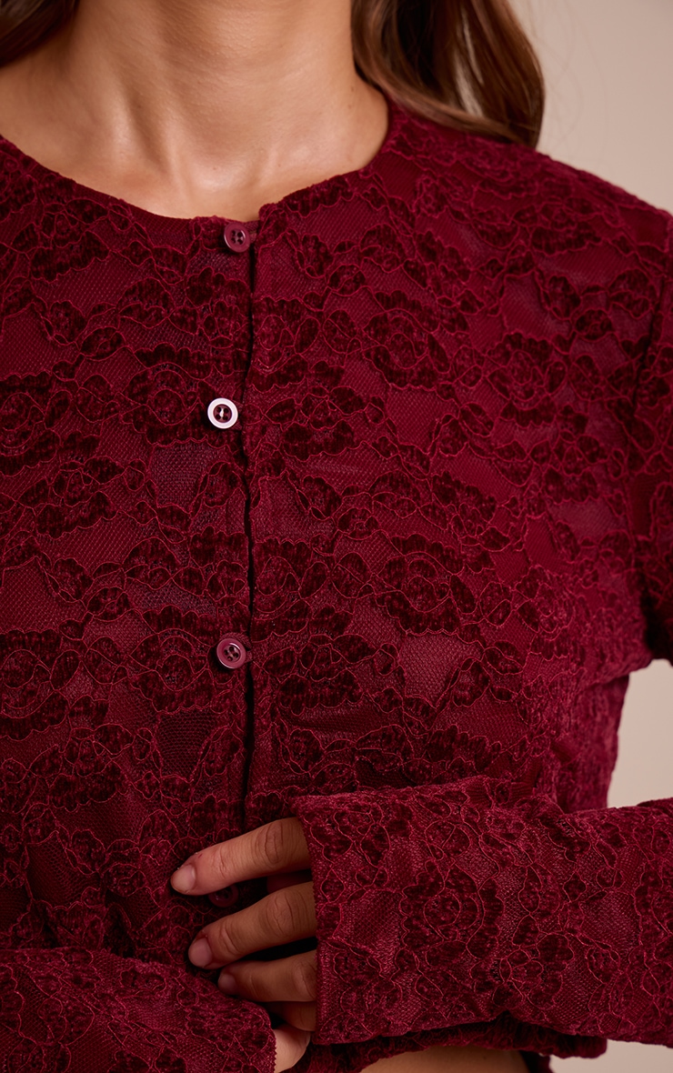Dark Wine Lace Button Up Long Sleeve Crop Top