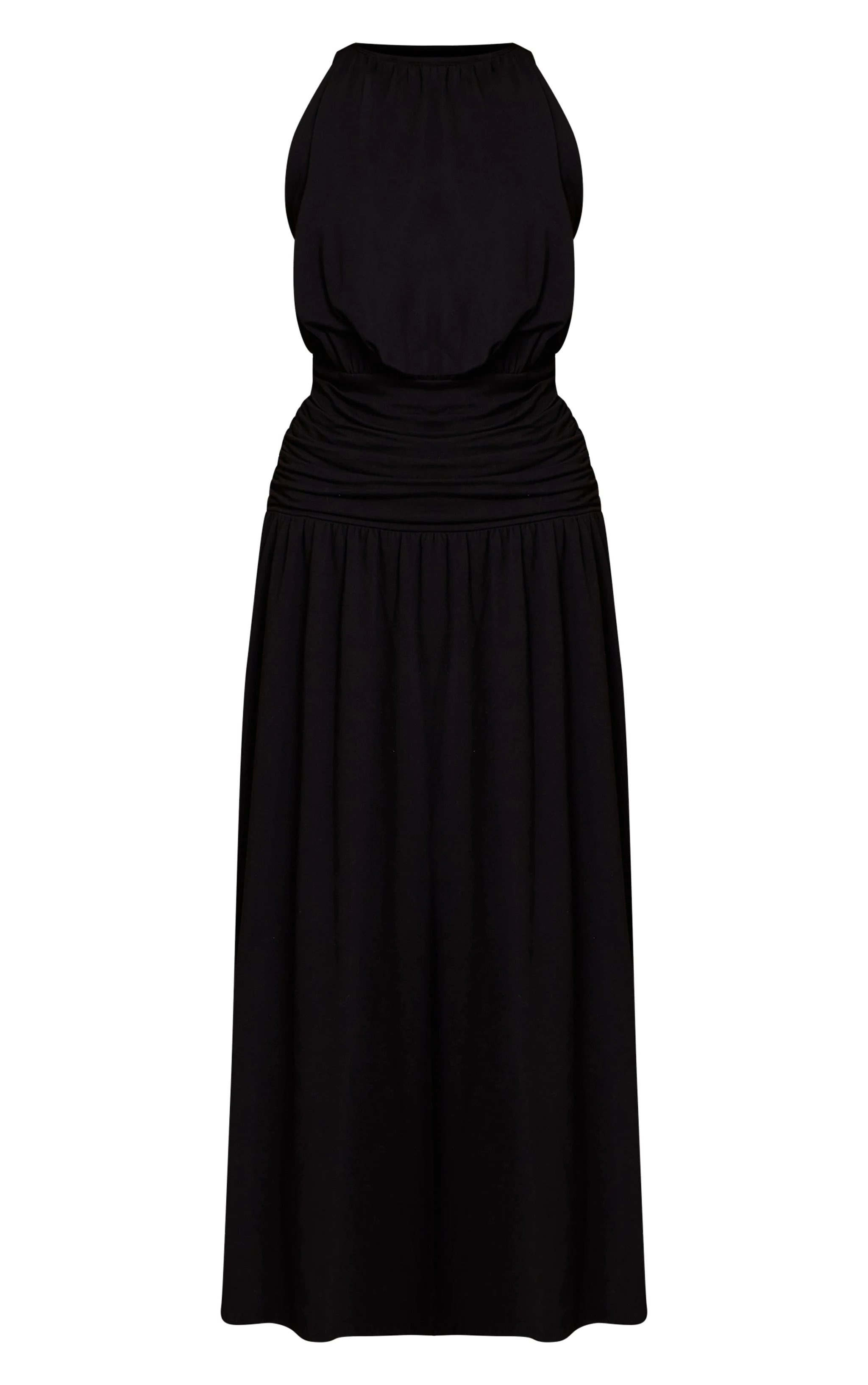 Black Jersey Halterneck Ruched Detail Maxi Dress
