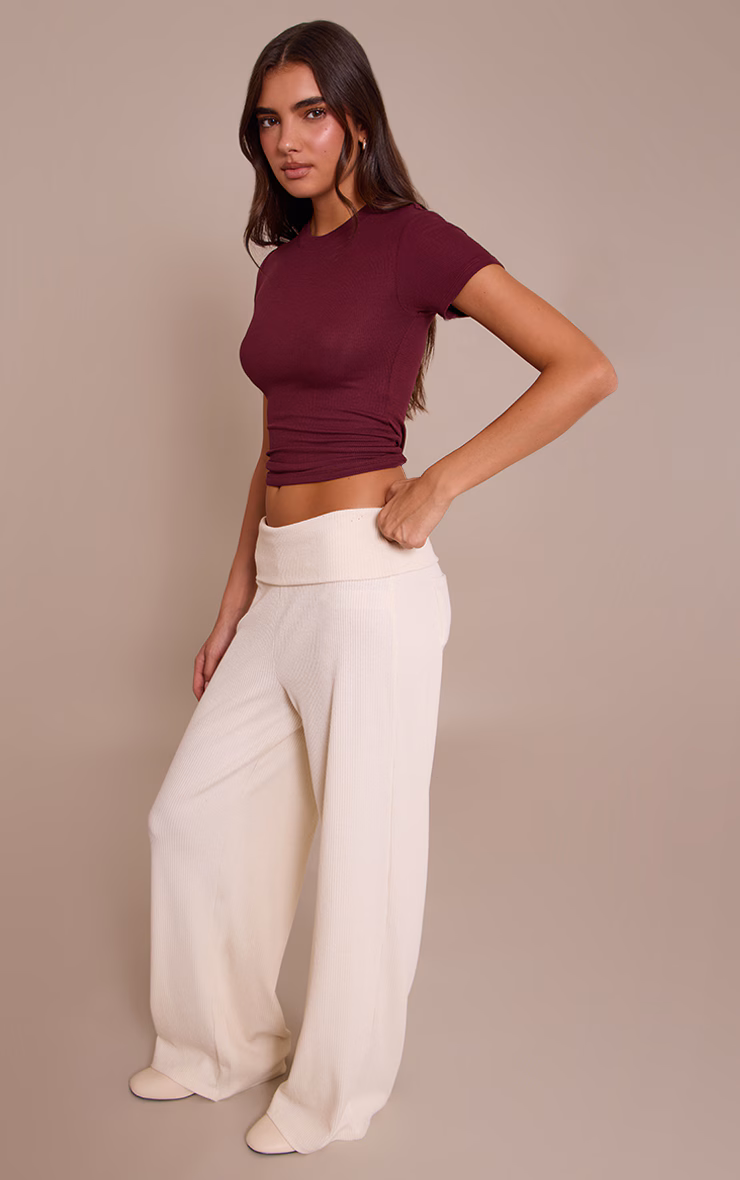 Cream Thick Rib Fold Over Pocket Detail Wide Leg Pant
