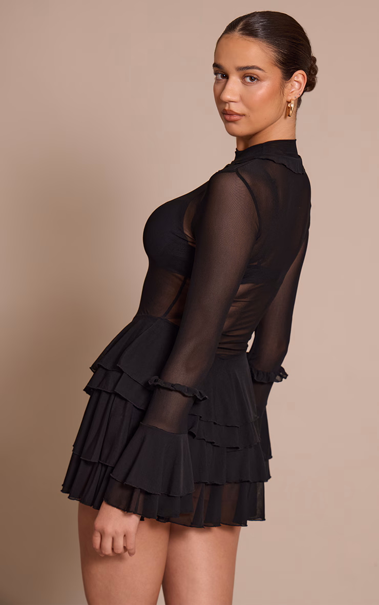 Black Mesh Frill Detail Smock Dress