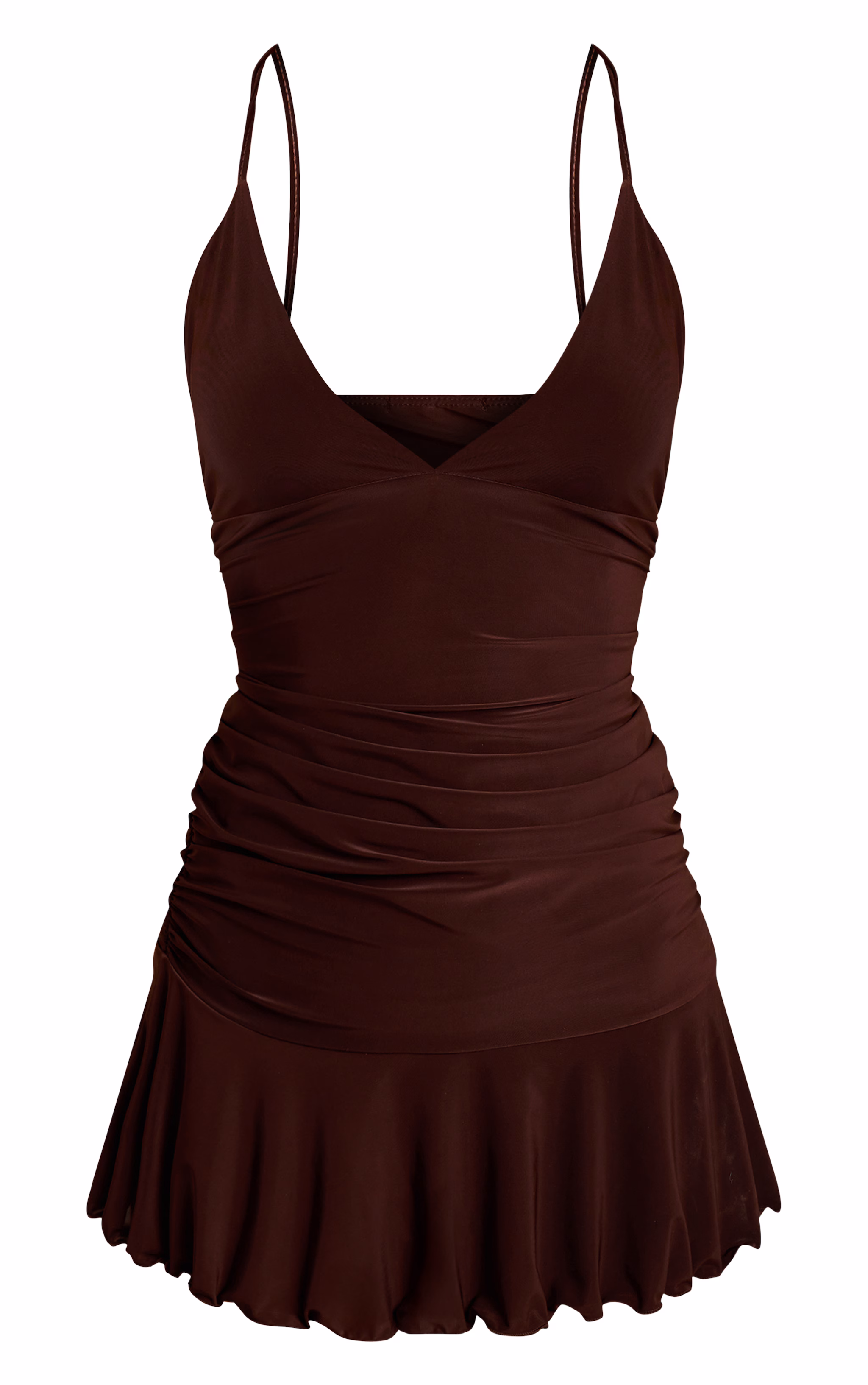 Chocolate Slinky Ruched Mini Dress