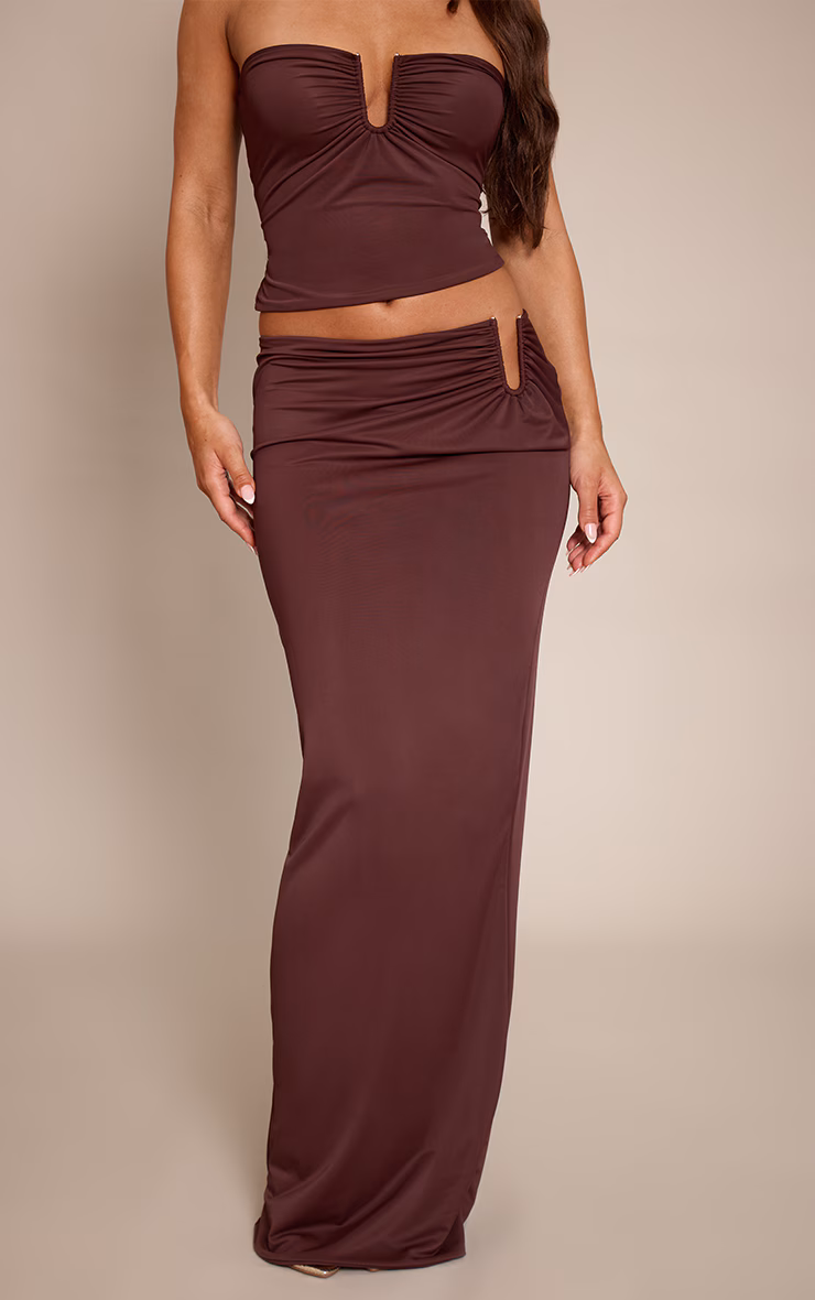 Chocolate Matte Sculpt V Bar Ruched Maxi Skirt