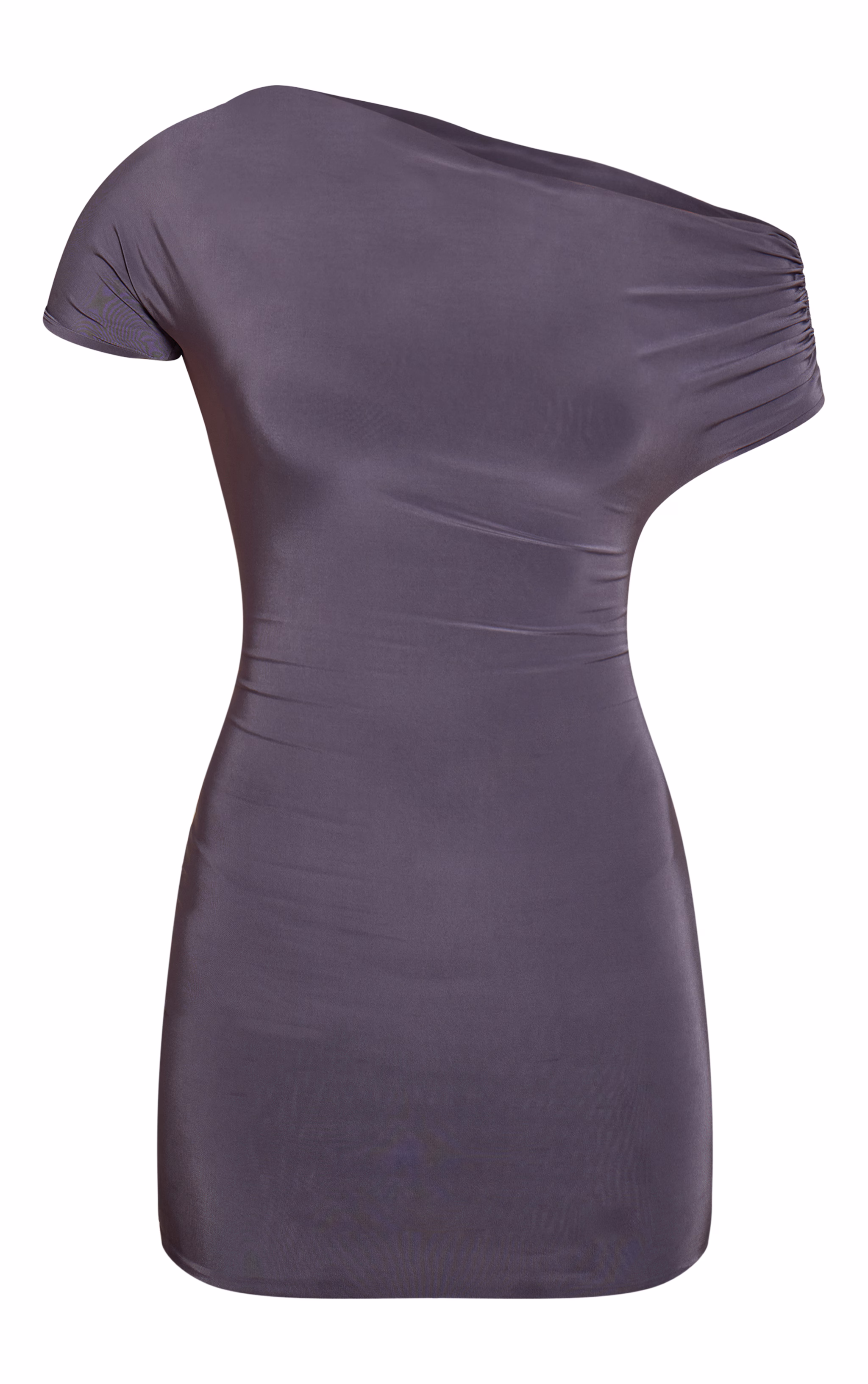 Charcoal Slinky Off The Shoulder Ruched Mini Dress