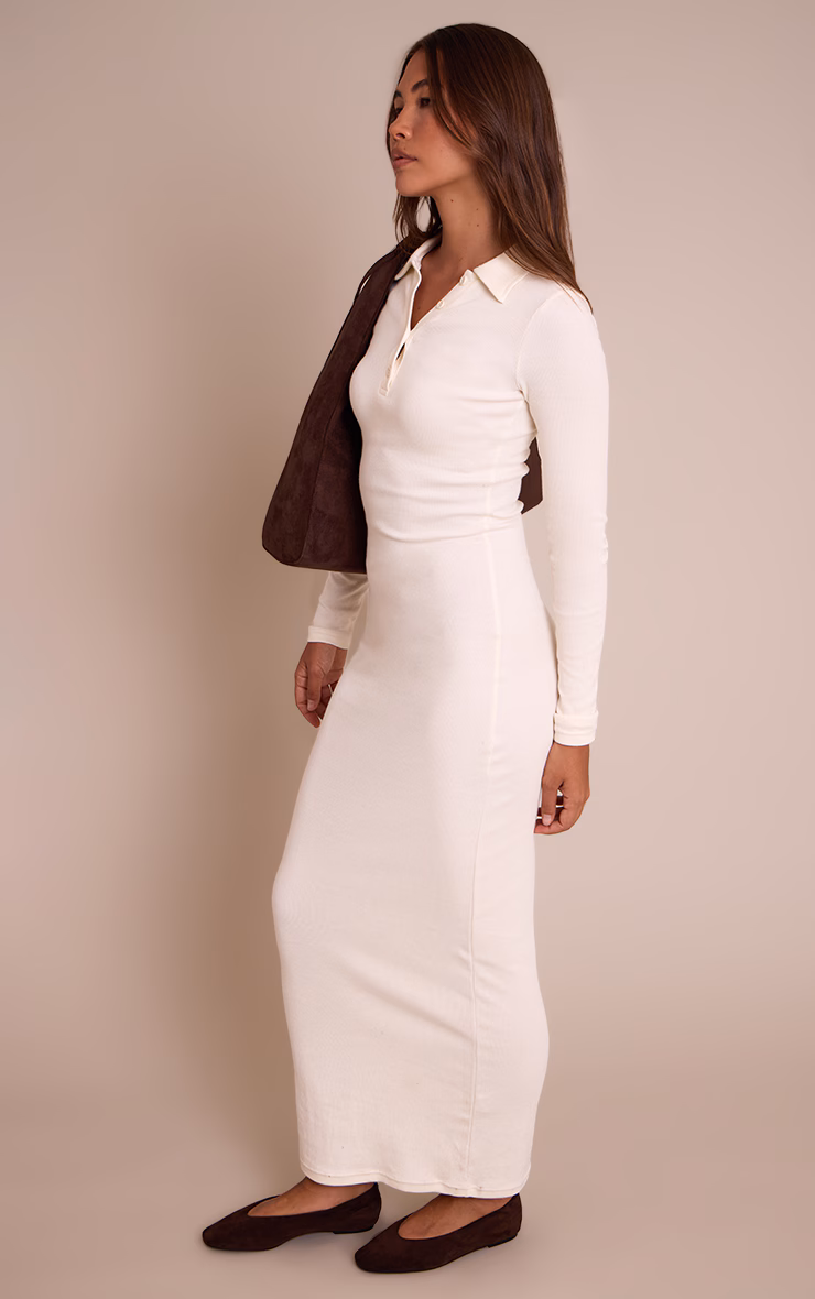 Cream Ribbed Button Down Collar Detail Long Sleeve Maxi Dress