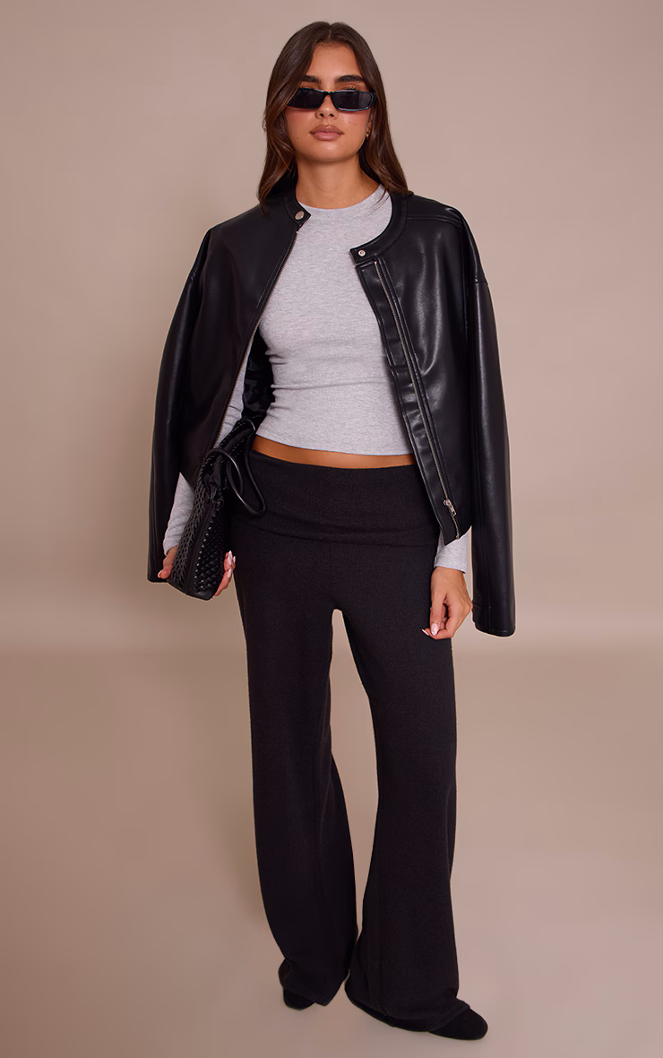 Black Wool Look Fold Over Straight Leg Pant