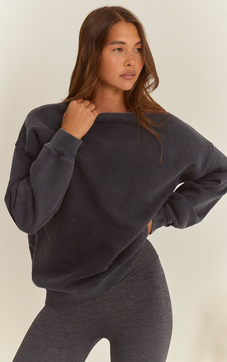 Blue Acid Wash Oversized Off Shoulder Sweatshirt