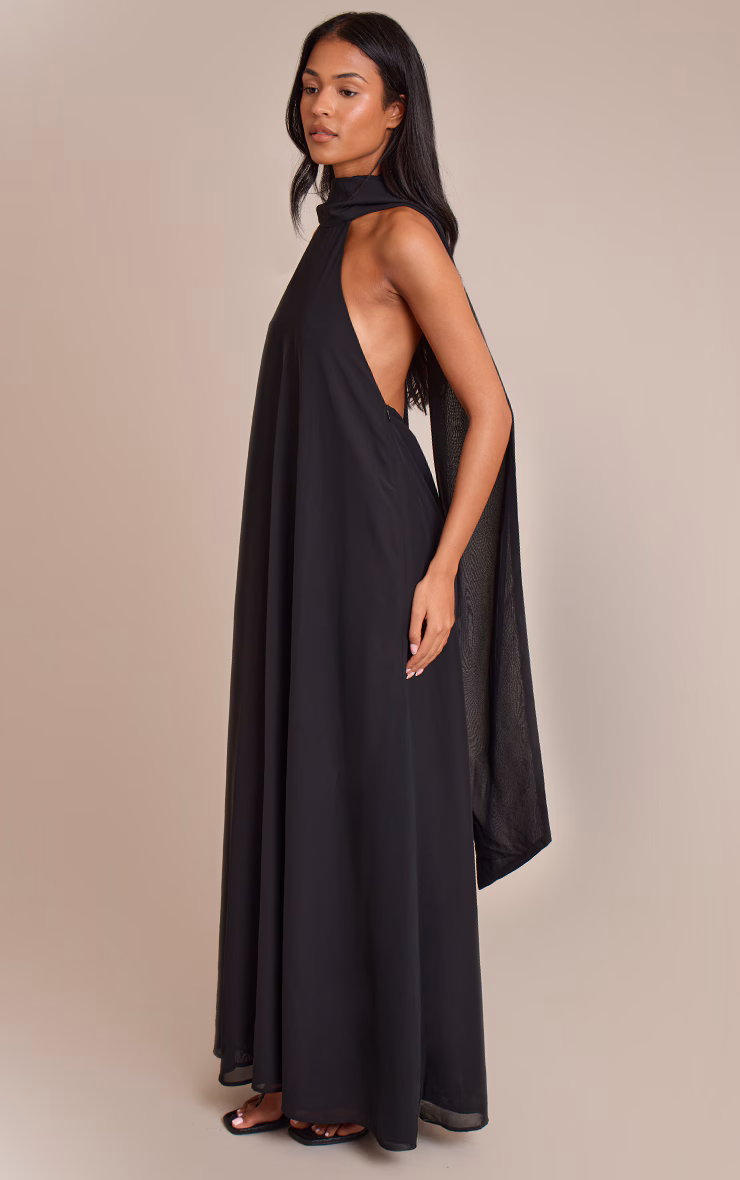 Tall Black Chiffon High Neck Scarf Detail Maxi Dress