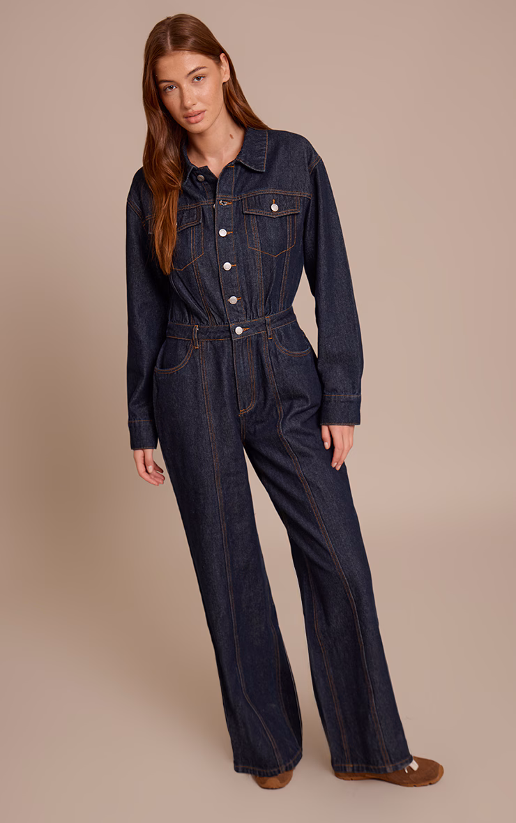 Indigo Contrast Stitch Long Sleeve Denim Jumpsuit