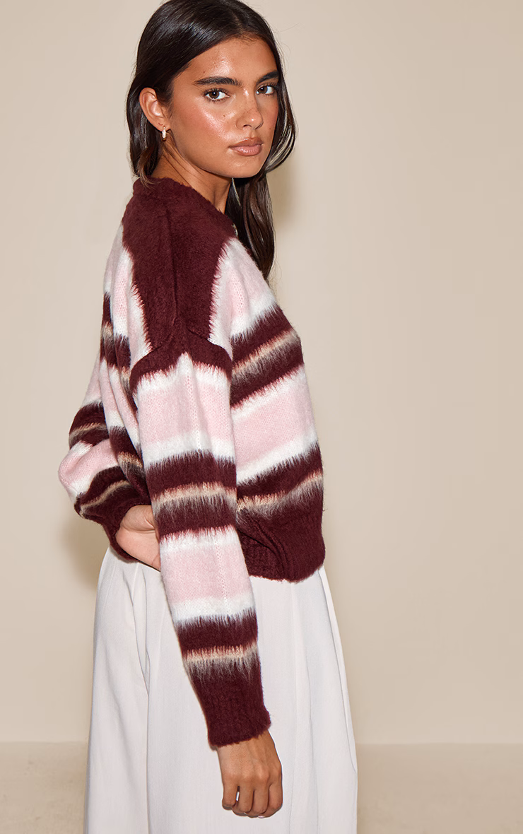 Burgundy Striped Brushed Knit Cardigan