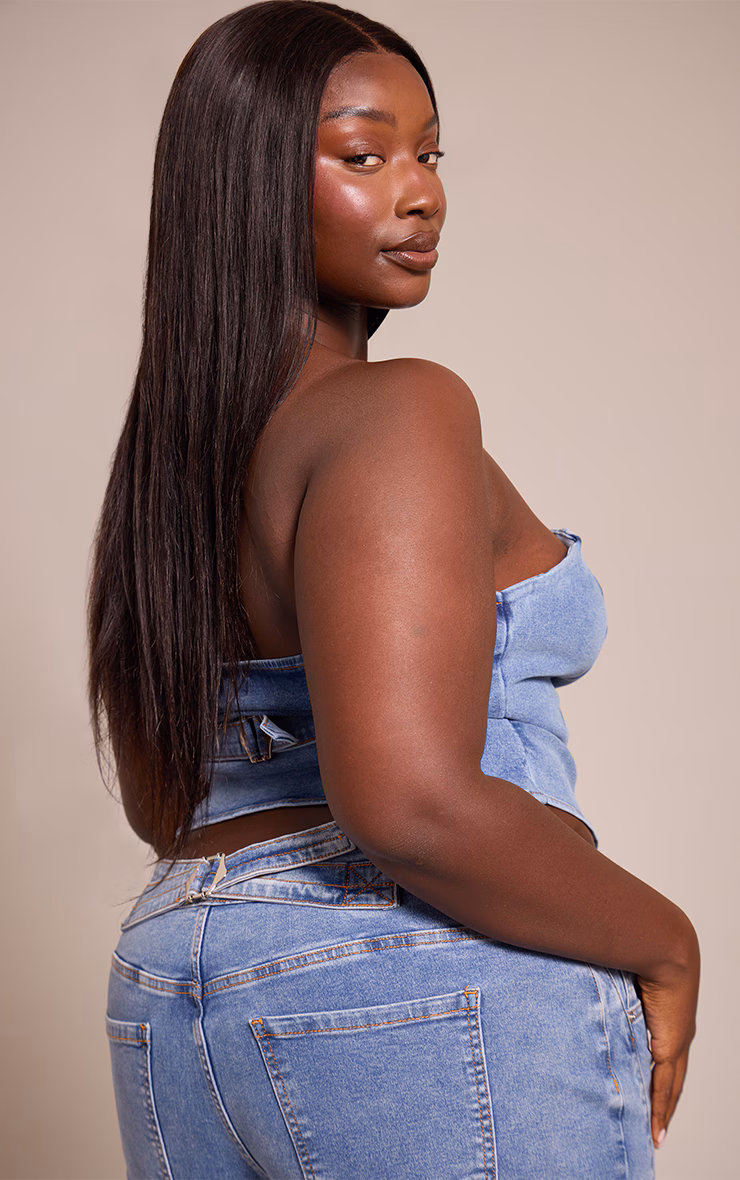 Plus Mid Blue Wash Adjustable Elasticated Bandeau Corset Top