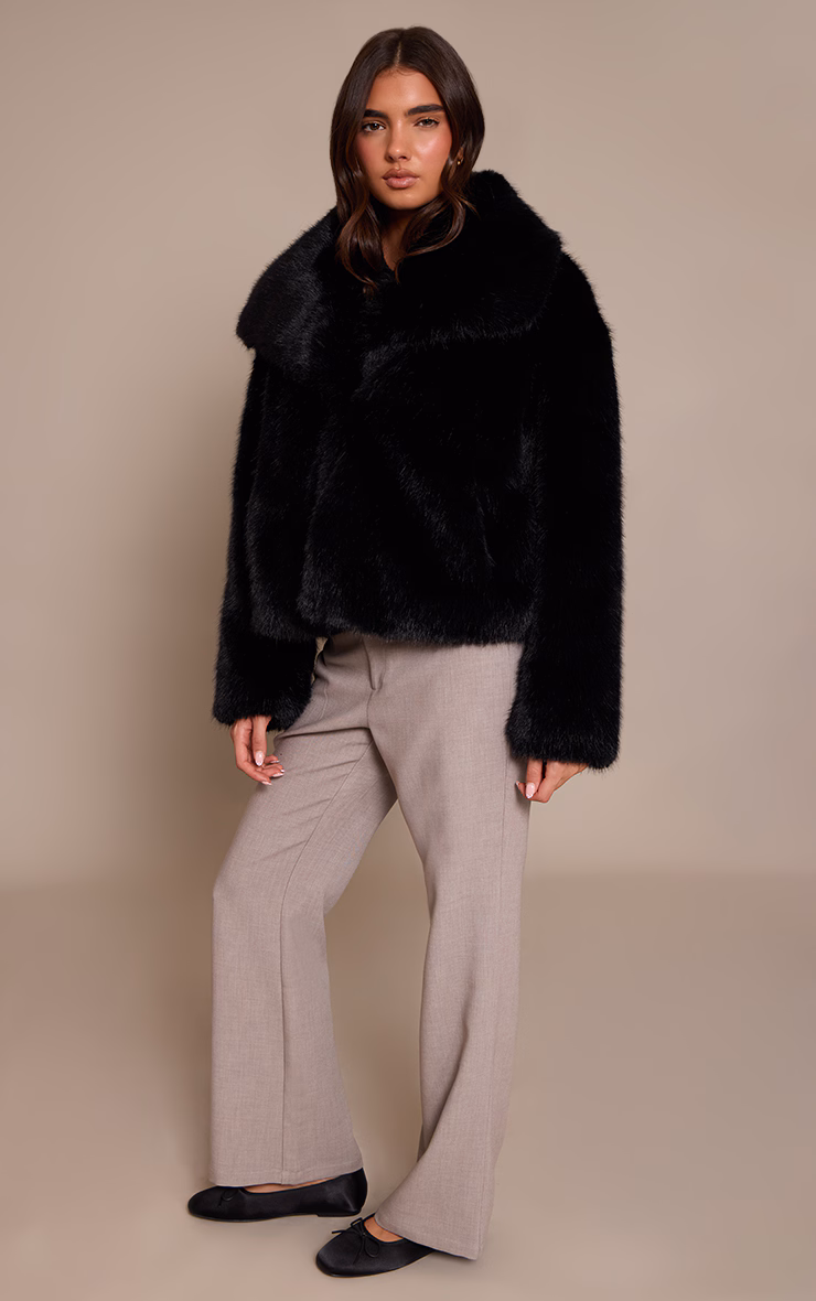 Black Faux Fur Short Shawl Collar Coat