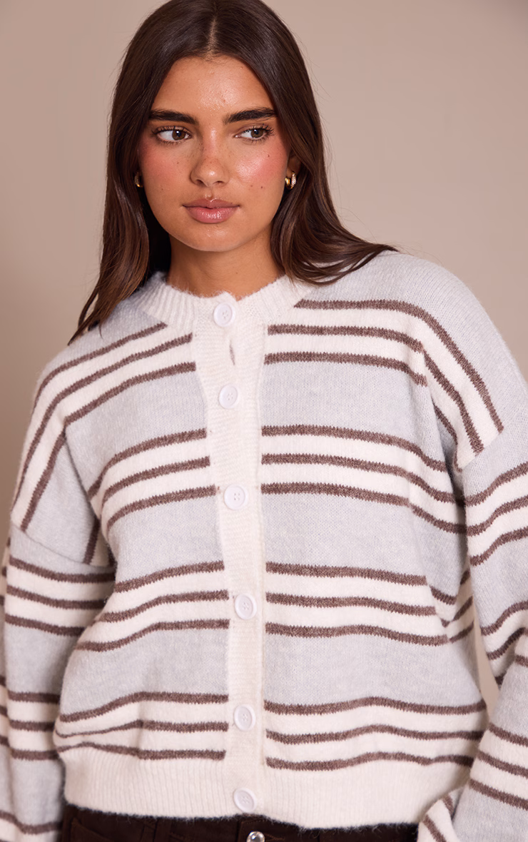 Grey Wool Blend Striped Cardigan