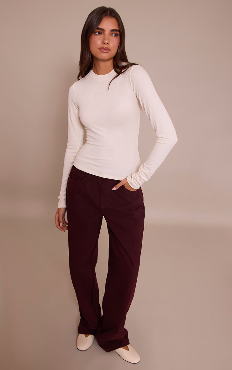 Cream Soft Rib Crew Neck Long Sleeve Top