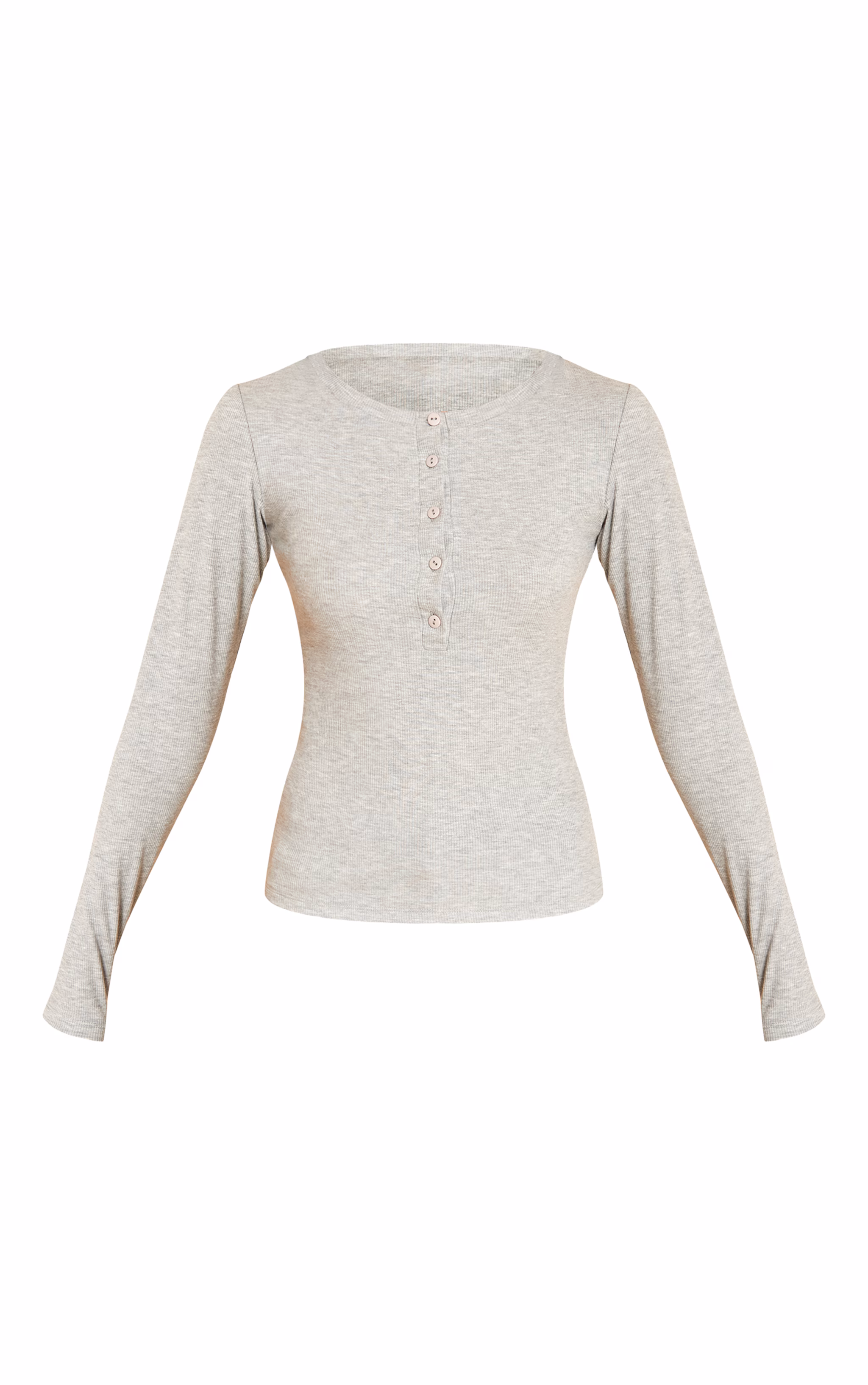 Grey Marl Soft Rib Button Up Fitted Long Sleeve Top