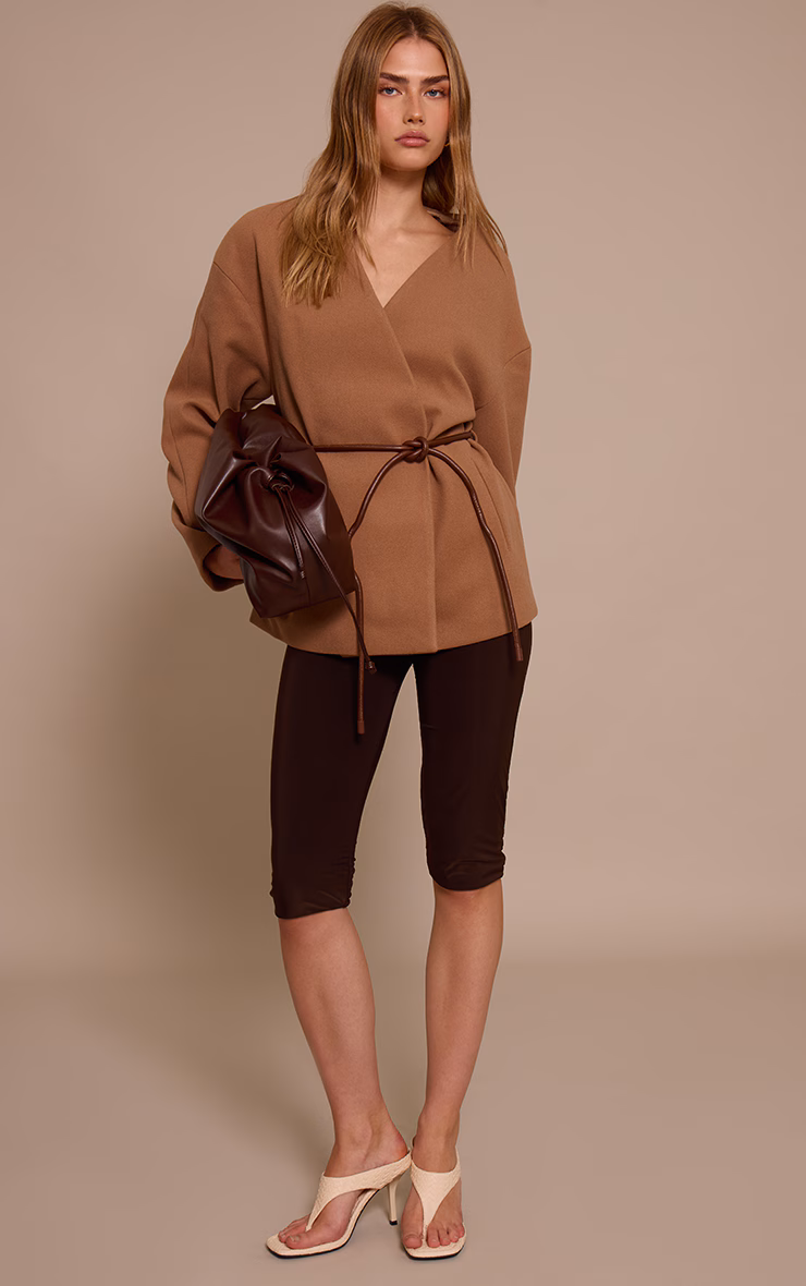 Camel Collarless Wrap Style Tie Waist Wool Look Coat