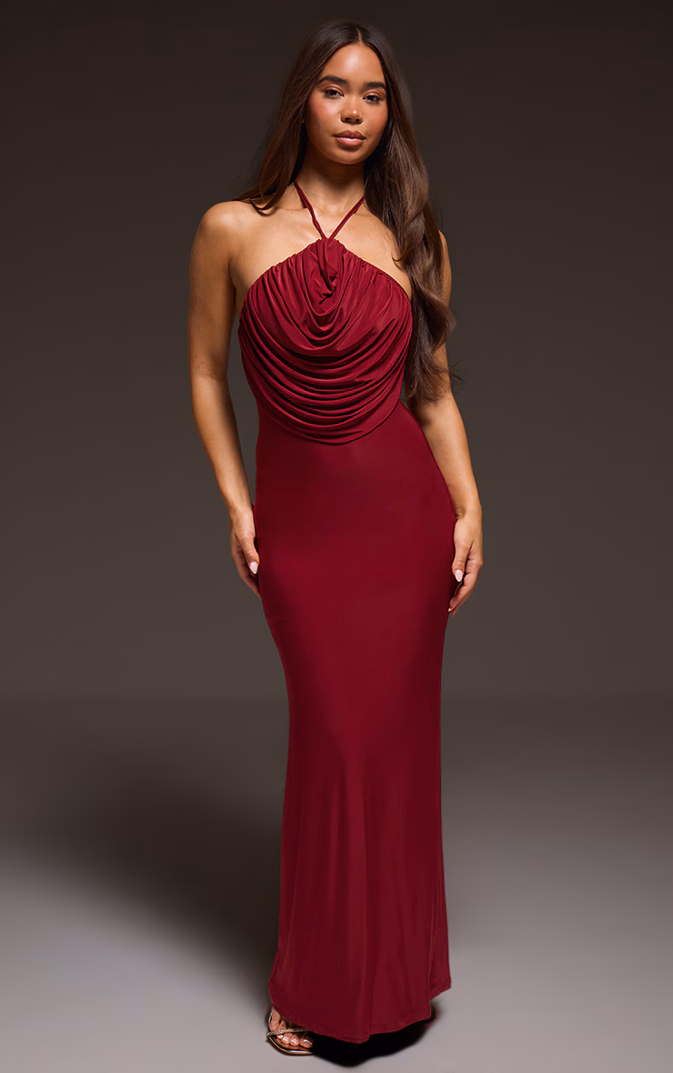 Burgundy Slinky Halterneck Draped Detail Maxi Dress