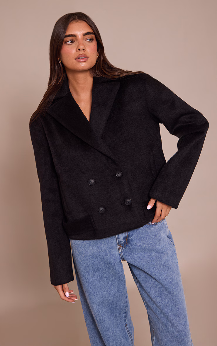 Black Brushed Wool Cropped Trench Coat