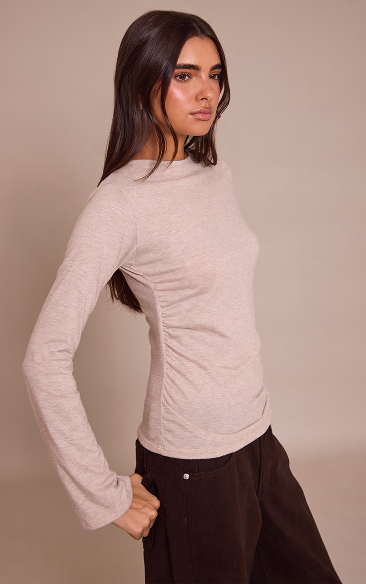 Sand Marl Soft Jersey V Neck Flared Long Sleeve Top