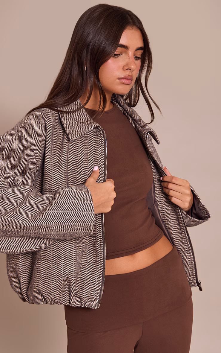 Chocolate Herringbone Bomber Jacket