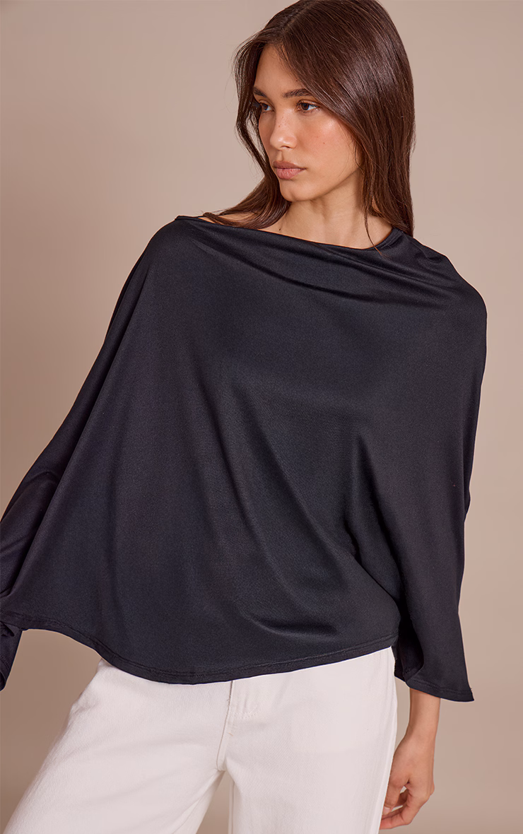Black Asymmetric Slouchy Long Sleeve Top