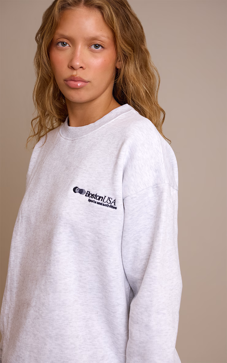 Ash Grey Oversized Boston Usa Embroidered Sweatshirt