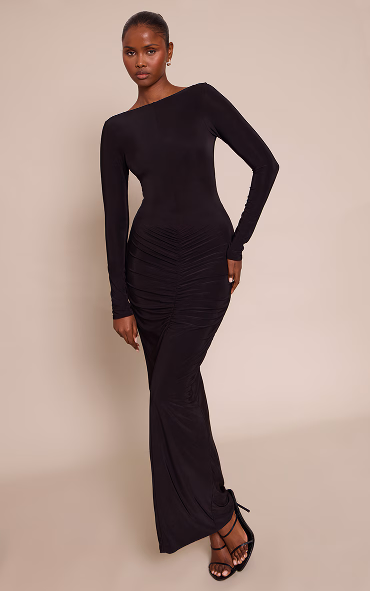 Black Slinky Ruched Low Back Maxi Dress