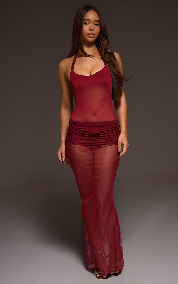 Wine Mesh Extreme Fold Over Maxi Skirt