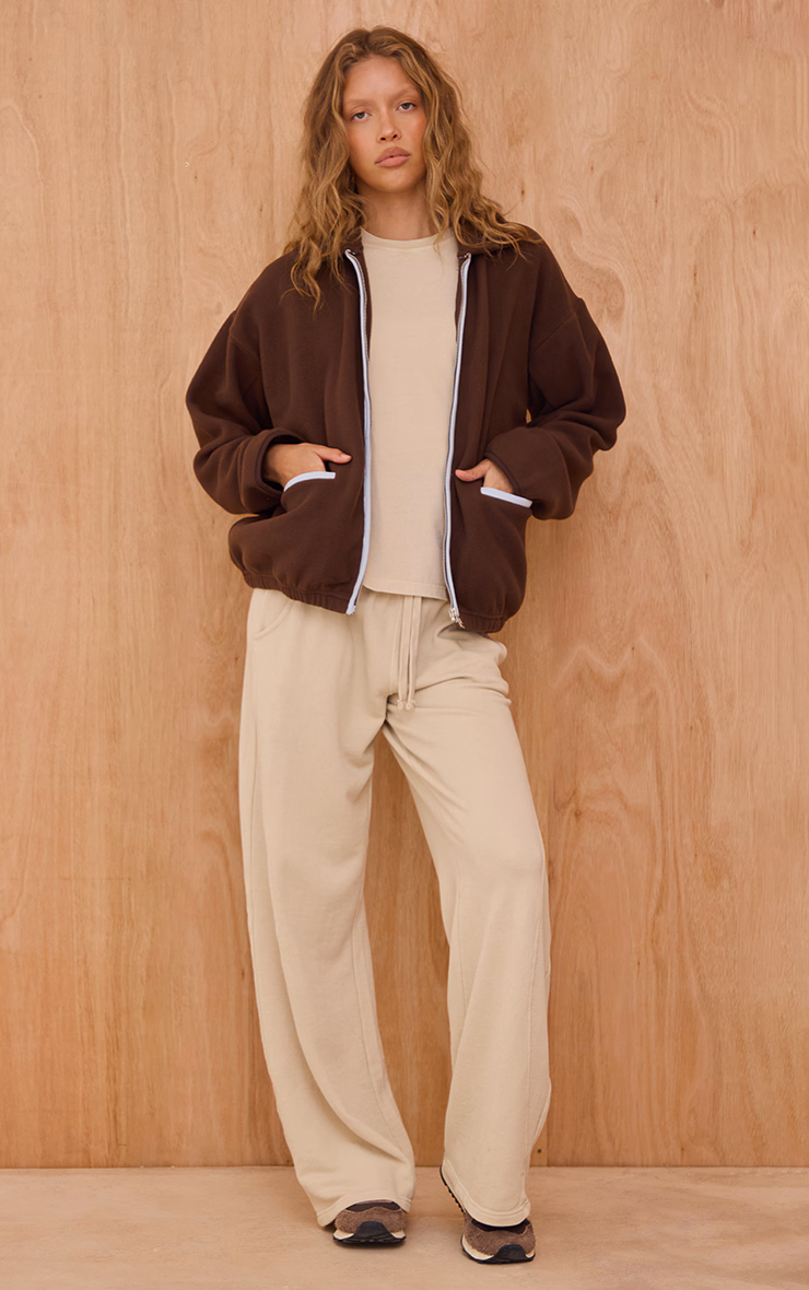 Espresso Contrast Binding Zip Up Fleece