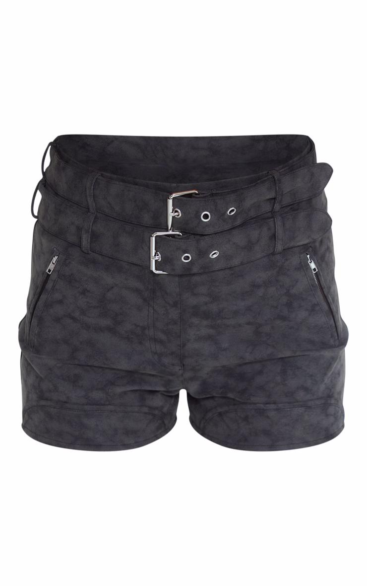 Washed Black Faux Leather Belted Shorts