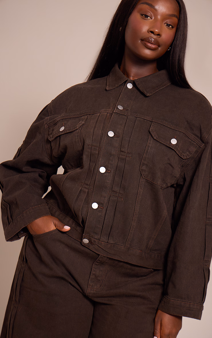 Plus Dark Chocolate Pleat Detail Boxy Denim Jacket