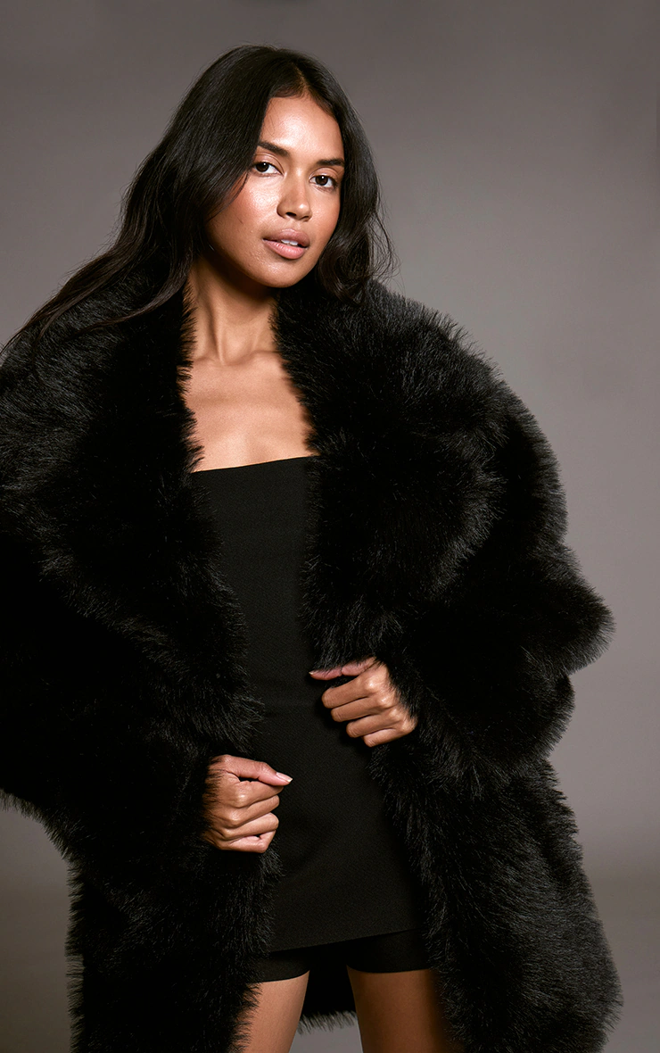 Black Oversized Midi Faux Fur Coat