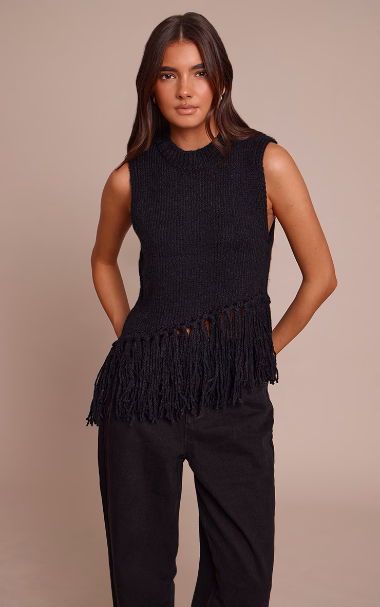 Black Sleeveless Fringe Detail Sweater