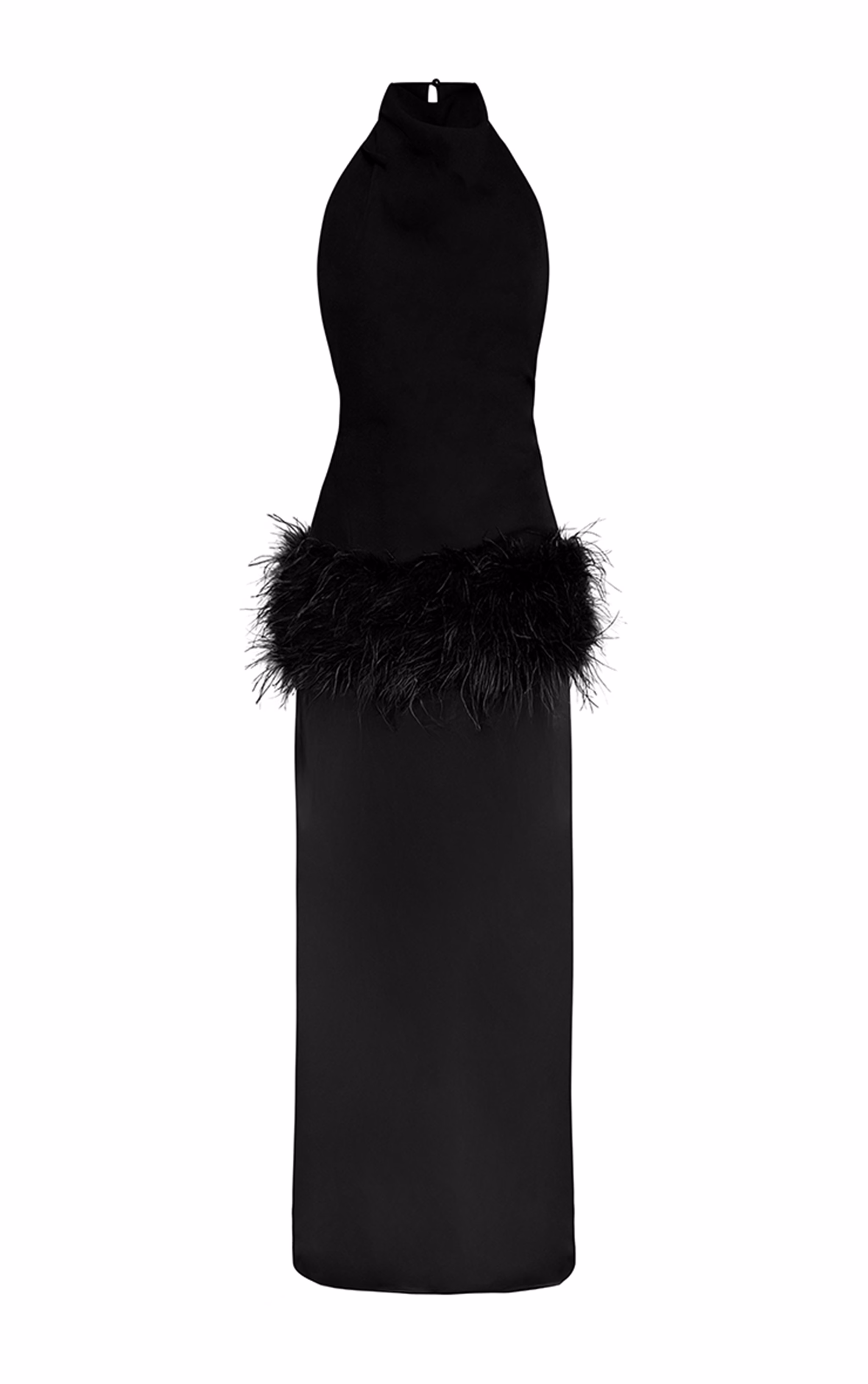 Premium Black Woven High Neck Feather Trim Chiffon Skirt Maxi Dress