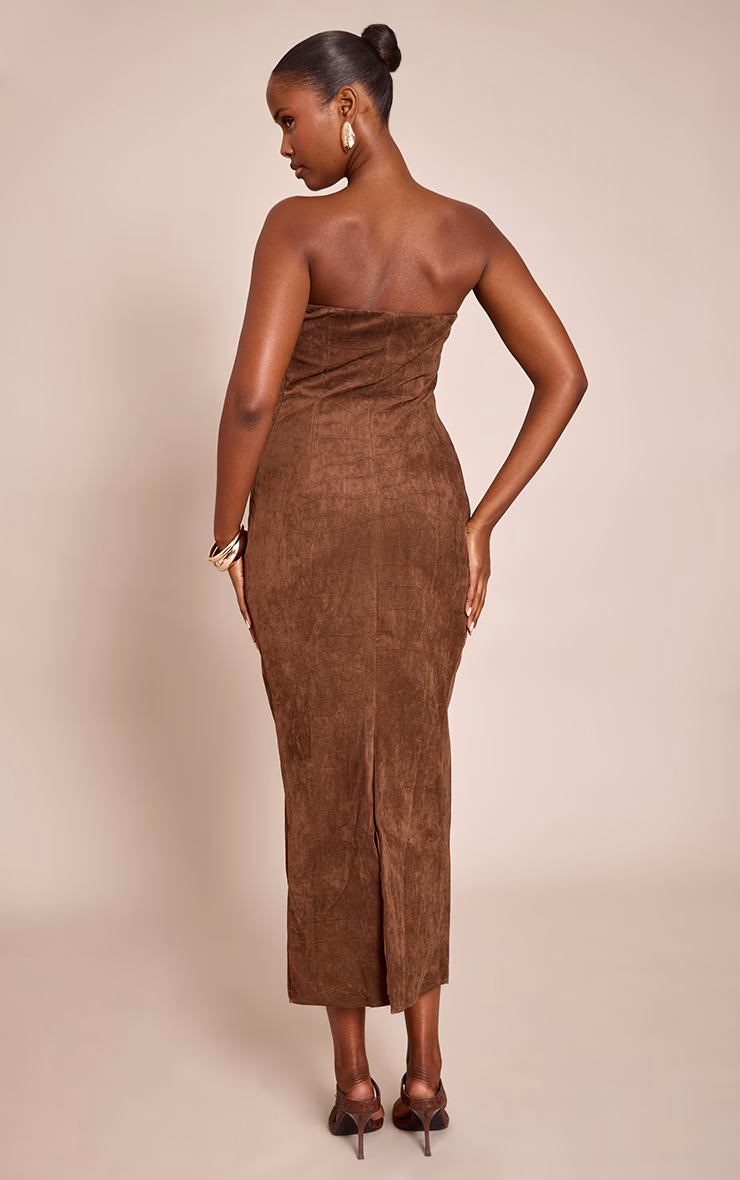 Chocolate Faux Suede Bandeau Bodycon Midaxi Dress