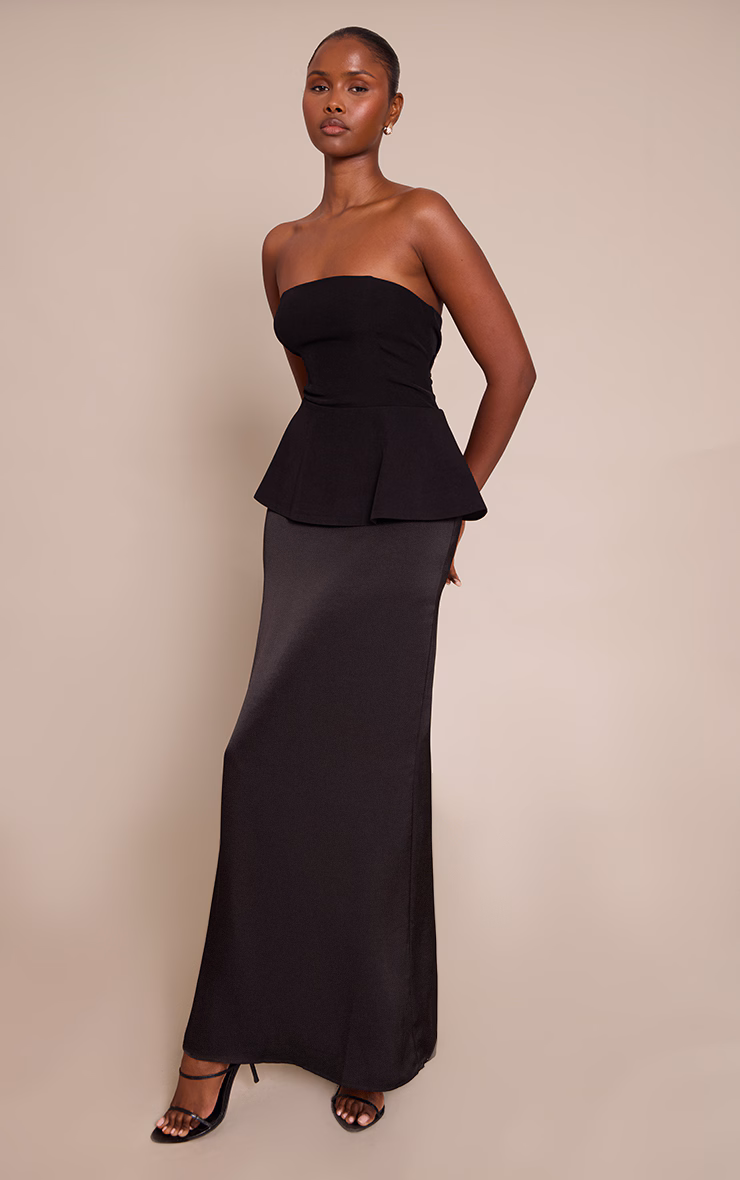 Black Tailored Peplum Hem Maxi Dress