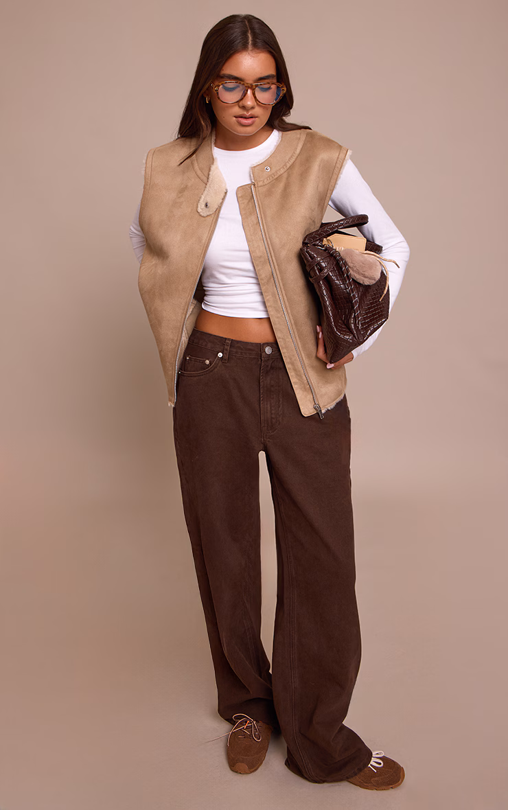 Beige Borg Lining Faux Suede Vest