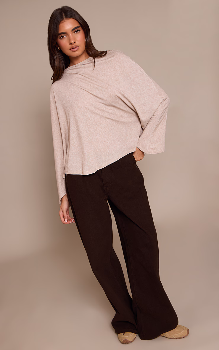 Sand Asymmetric Slouchy Long Sleeve Top