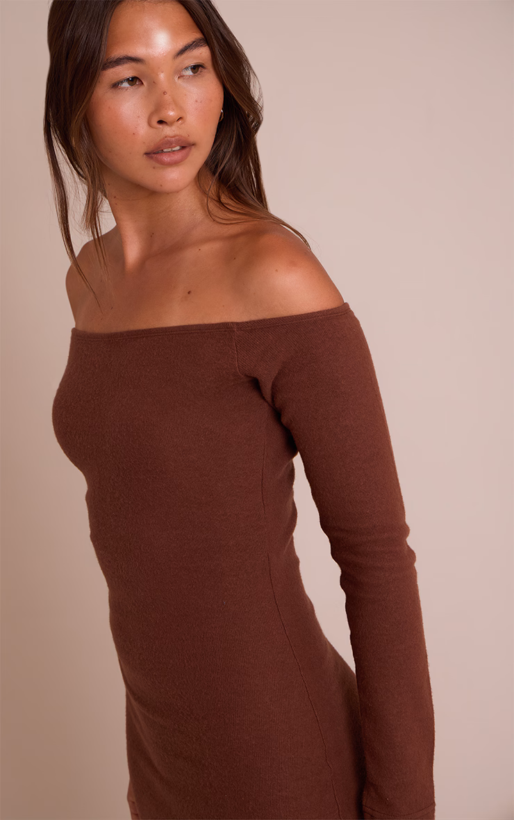 Chocolate Super Soft Bardot Long Sleeve Maxi Dress